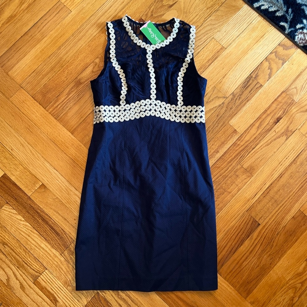 Lilly Pulitzer Leigh Stretch Shift Dress Navy and Gold size 0 NEW WITH TAGS